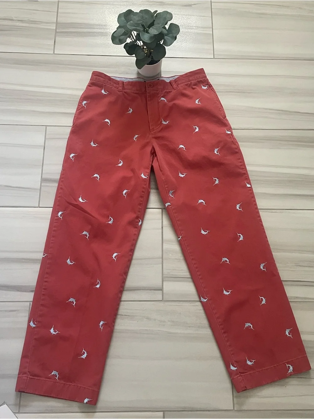 VTG J.Crew Embroidered Swordfish Marlin Chino Pants 34x32 Nantucket Red SP04